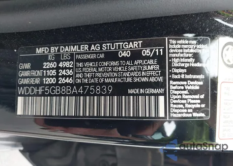2011 Mercedes-Benz E 350 from USA, damaged, VIN WDDHF5GB8BA475839